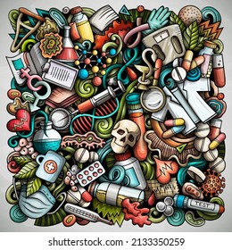 Medicine hand drawn vector doodles illustration. Medical poster design. Science elements and objects cartoon background. Bright colors funny picture
