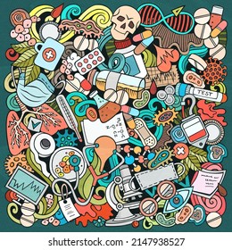 Medicine hand drawn vector doodles illustration. Medical poster design. Science elements and objects cartoon background. Bright colors funny picture