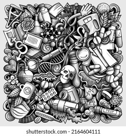 Medicine hand drawn vector doodles illustration. Medical poster design. Science elements and objects cartoon background. Monochrome funny picture