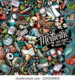 Medizin handgezeichnet Vektordoodles Rahmen. Medizinische Grenzgestaltung. Wissenschaftselemente und Objekte, Cartoon-Hintergrund. Helle Farben - lustiges Bild