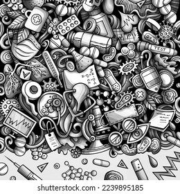 Marco de doodles vectoriales dibujados a mano por la medicina. Diseño de frontera médica. Fondo de dibujos animados de elementos científicos y objetos. Imagen divertida monocroma