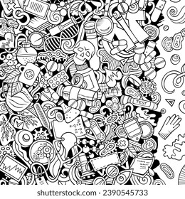 Medicine hand drawn vector doodles frame. Medical border design. Science elements and objects cartoon background.