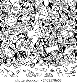 Medicine hand drawn vector doodles frame. Medical border design. Science elements and objects cartoon background.