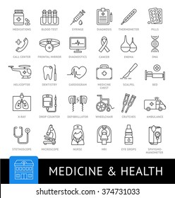 Medicine and health. Big set of vector linear web icons. Collection of modern simple outline symbols. Medical equipment, medicaments, laboratory, clinic. Emergency, ambulance.