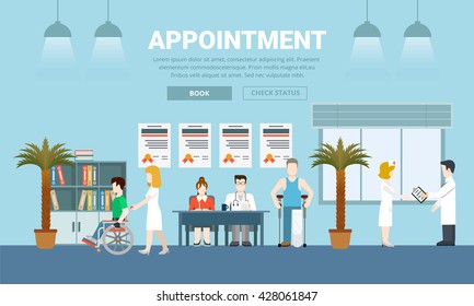 Medicine health care appointment creative flat design vector illustration. Medical institution help diagnostic centre template. Visit to doctor patient man crutches nurse wheelchair on blue background