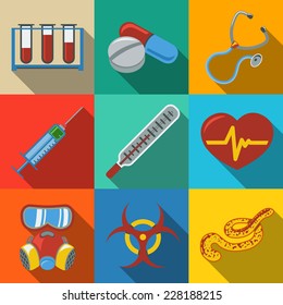 Medicine and health care colorful flat icons set with long shadows on bright plates - stethoscope, heart, thermometer, pills, bio hazard sign, syringe, test-tubes, gas mask, ebola virus. Vector