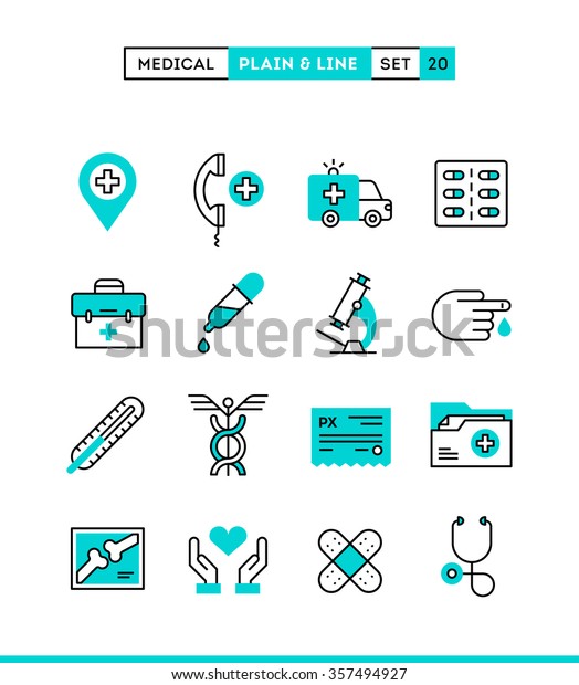Medicine, health\
care, emergency, pharmacology and more. Plain and line icons set,\
flat design, vector\
illustration