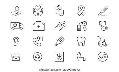 Medicine and Health care flat icons. minimal thin line web icon set. Outline icons collection