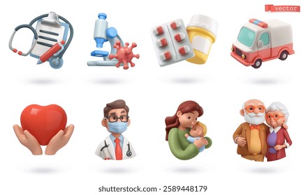 Medicine and health care icon set. 3d render vector objects