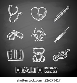 Medicine and health care icons set, painted on black chalkboard - stethoscope, heart, thermometer, pills, bio hazard sign, syringe, test-tubes, gas mask, ebola virus. Vector