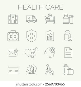 Medicine and Health Care linear icon collection. Containing emergency, doctor, treatment, medical, report, diagnosis, health, prevention.