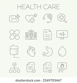 Medicine and Health Care linear icon collection. Containing emergency, doctor, treatment, medical, report, diagnosis, health, prevention.