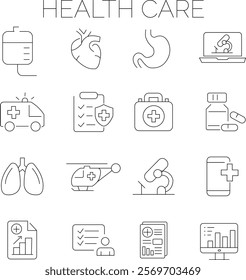 Medicine and Health Care linear icon collection. Containing emergency, doctor, treatment, medical, report, diagnosis, health, prevention.