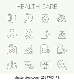 Medicine and Health Care linear icon collection. Containing emergency, doctor, treatment, medical, report, diagnosis, health, prevention.