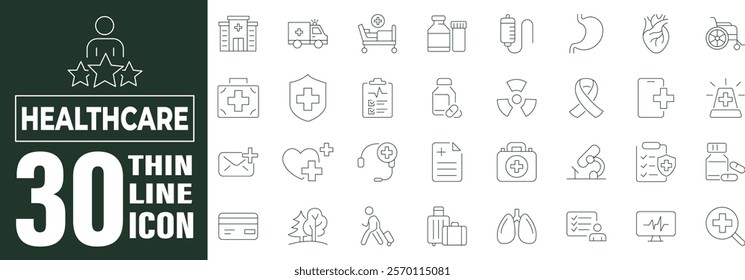 Medicine and Health Care linear icon collection. Containing emergency, doctor, treatment, medical, report, diagnosis, health, prevention. Editable stroke