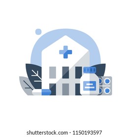 Medicine and health care, medication concept, stationary therapy, disease treatment, rehabilitation center, drugs rehab, hospice concept, vector icon, flat illustration