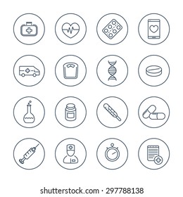 medicine, health care, pharmaceutics, hospital, line icons in circles, vector illustration, eps10, easy to edit