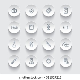 medicine, health care, pharmaceutics, hospital, line round icons pack, vector illustration, eps10, easy to edit