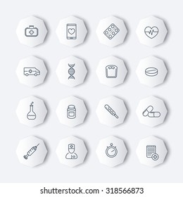 medicine, health care, pharmaceutics line octagon icons pack, vector illustration