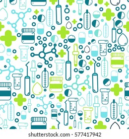 Medicine Health care seamless pattern with outline pharmacy signs including pills, vitamins. Vector illustration can be used for package, wrapping, banners, site headers.