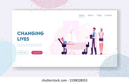 Medicine Health Care Website Landing Page. Doctor and Nurse Visiting Patient in Chamber. Medics Staff Practitioner Medical Detour Treatment in Hospital Web Page Banner. Flat Vector Illustration