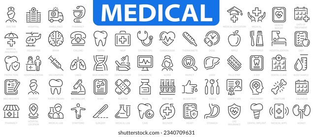 Medicine and Health. Dental icon set. Healthcare icon collection. Medicine outline 65 icon set. Vector illustration.