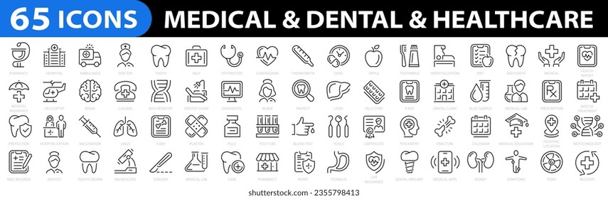 Medicine and Health. Dental icon set. Healthcare icon collection. Medicine outline 65 icon set. Vector illustration.