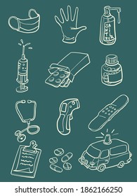 Medicine health diseases epidemic sketch hand drawing collection set icons symbols comic cartoon retro style drawing