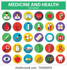 Medicine and Health flat icon set. Vector Illustration.