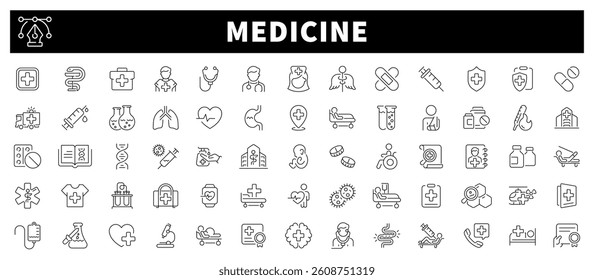 Medicine and Health icons. Collection health care medical signs and symbols. Medical, medicine, health care, hospital thin line icon collection. Editable stroke
