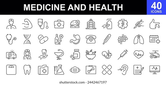 Medicina y salud. Conjunto de iconos de línea. Conjunto de iconos médicos. Medicina, chequeo médico, odontología, laboratorio, salud y más. Colección de iconos lineales. Ilustración de vector