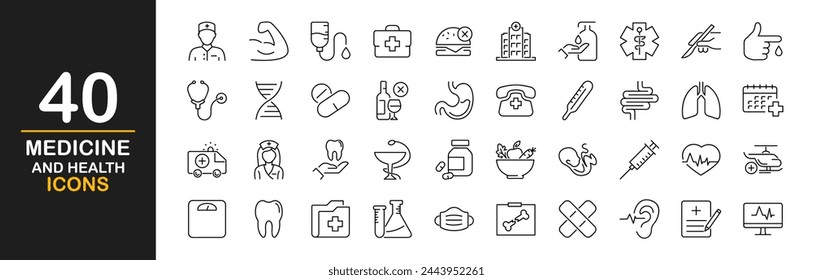 Medicine and health. Line icons set. Medical icons set. Medicine, check up, doctor, dentistry, lab, health and more. Linear icon collection. Vector illustration