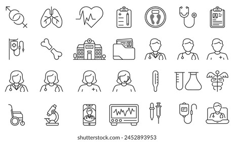 los iconos de la línea de medicina y salud establecen el diseño del Vector en estilo de moda y trazo editable