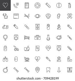 Medicine and Health line icons set, Medical outline vector symbol collection, linear style pictogram pack. Signs, logo illustration. Set includes icons as heart, hospital, stethoscope, syringe