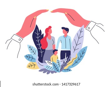 Medicine and health security family insurance abstract concept vector mother father and child healthcare and treatment payment emergency case and disease protection financial support and money