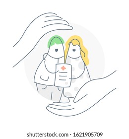 Medicine and health security family insurance. Mother father healthcare and treatment, man and woman hugging and hold a certificate, hands around protecting them. Clean line vector