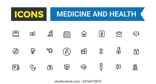 Medicine and Health symbols icon set. Editable vector icon and illustration.