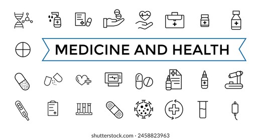 Medicine and Health symbols line web icon set. Outline icons pack. Icon collection. Editable vector icon and illustration.