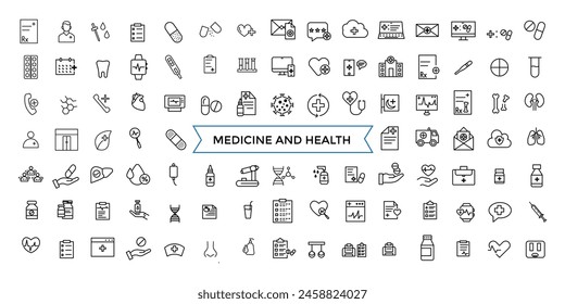 Medicine and Health symbols line web icon set. Outline icons pack. Icon collection. Editable vector icon and illustration.