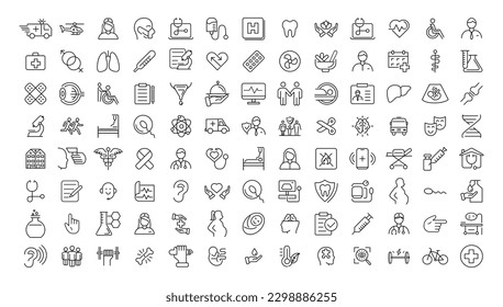 Símbolos de Medicina y Salud - conjunto mínimo de iconos de línea delgada. Colección de iconos de esquema. Ilustración vectorial simple.
