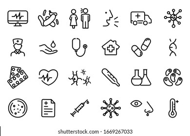 Symbole für Medizin und Gesundheit - Umrissmarkierung des Websymboles. Bakterien, Vektorillustration-Linien-Symbole. Coronavirus-Symbole, Symptome, Übertragung, Prävention, Behandlung. Epidemic Coronavirus