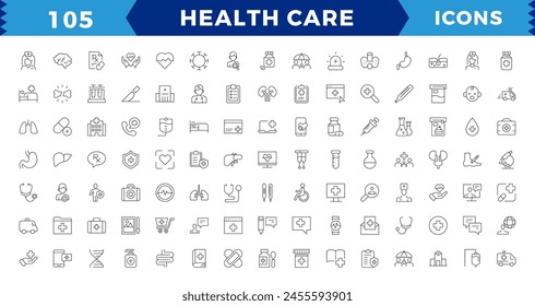 Medicine and Health symbols pixel Perfect Line Icons set. Vector illustration in modern thin line style of medical icons: instruments, Containing treatment,prevention, medical,health,editable Stroke
