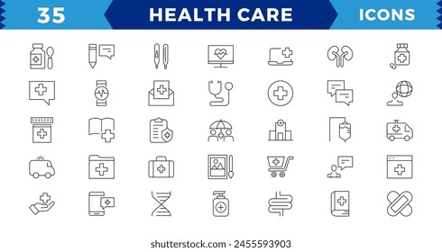 Medicine and Health symbols pixel Perfect Line Icons set. Vector illustration in modern thin line style of medical icons: instruments, Containing treatment,prevention, medical,health,editable Stroke
