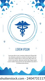 Medicine and Healthcare banner with blue color geometric abstract pattern design, Hippocratic symbol, Caduceus, A logo that mostly used in the medical field, copy space for text