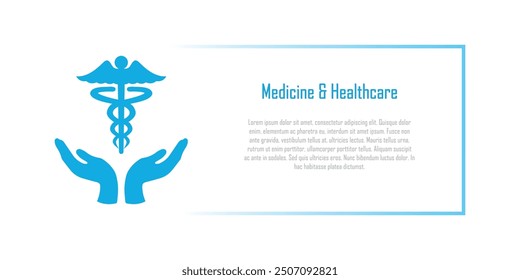 Medicine and Healthcare banner, Hippocratic symbol, Caduceus, logo mostly used in the medical field, copy space for text
