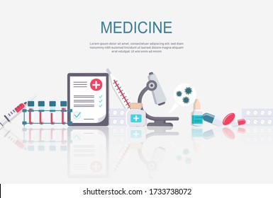 Medicine and healthcare banner, poster background with copy space. Medicine. First aid kit, stethoscope, and syringe for injection with blue vaccine, vial of medicine