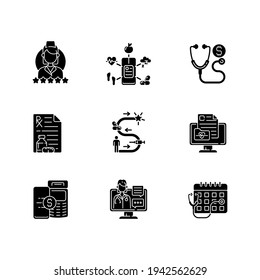 Medicine And Healthcare Black Glyph Icons Set On White Space. Review Doctor. Health Data Collection. Doctor Check Up Cost. Prescription. Silhouette Symbols. Vector Isolated Illustration