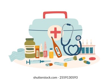 Medicine and healthcare concept banner. First aid kit with medicines and tools isolated on white. Vector flat illustration.