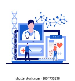 Medicine and healthcare concept with character. Online medical consultation and doctor appointment. Telemedicine. Modern flat illustration for landing page, mobile app, infographic, hero image.