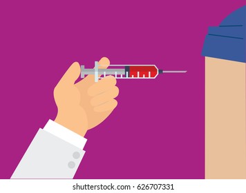 Medicine healthcare concept. Doctor Hand with syringe making vaccination. Vector illustration for web, mobile app in flat style.